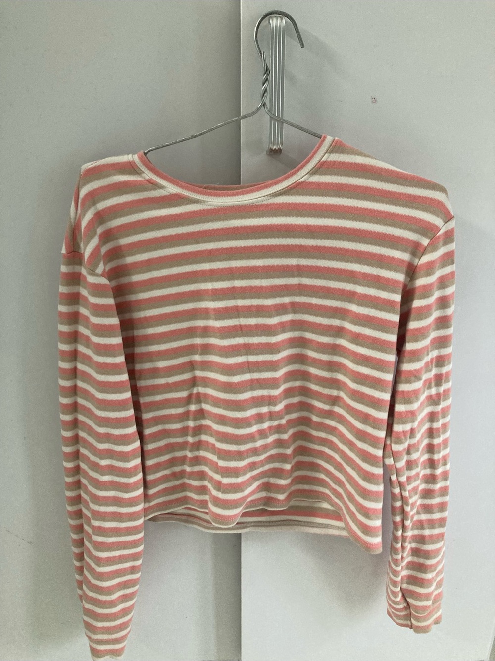 Striped Crewneck Long-Sleeve Top in Pink and Cream
